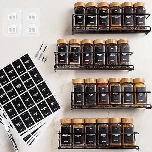 Deco Haus® Wall Spice Rack No Drilling - Set of 4 Bamboo Spice Jars & Labels - Black - 6.5 cm (D) x 29 cm (W) - Kitchen Spice Storage