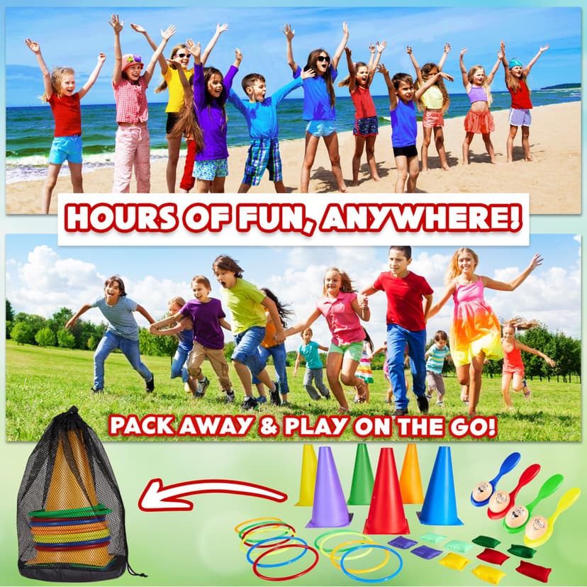 KreativeKraft Kids Games Outdoor Play Equipment for Kids Adults Family Garden Toys Sports Day Kit Egg and Spoon Race Ring Toss Sack Race Bean Bag Snakes and Ladders (8 in 1 Set) - 3