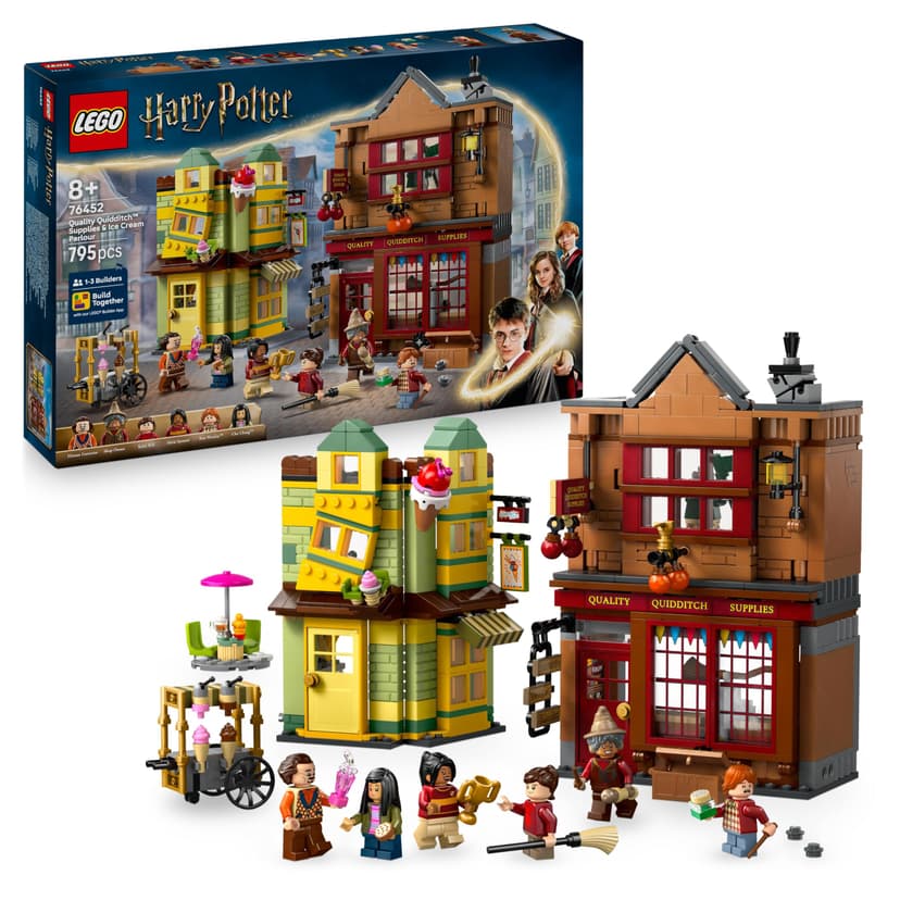 LEGO Harry Potter Quality Quidditch Supplies & Ice Cream Parlour Set with 2 Diagon Aley Shop Toys, 6 Minifigures & Accessories incl. a Nimbus 2000 Broom - Gift for 8+ Year Old Boys & Girls - 76452 - 1