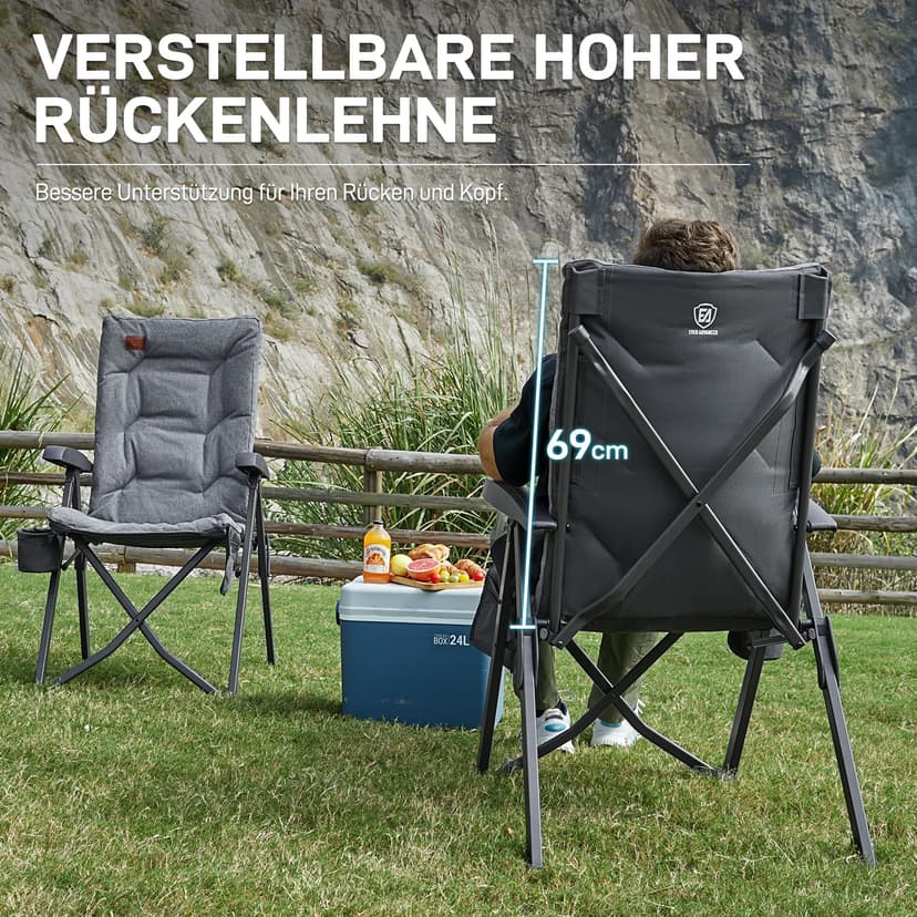 EVER ADVANCED Chaise de camping pliable avec dossier réglable en 4 positions jusqu'à 150 KG Chaise pliante 6 cm d'épaisseur Rembourrée avec poche latérale Porte-boissons Chaise de jardin avec dossier - 8