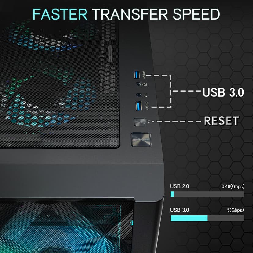 MUSETEX ATX PC Case Pre-Install 6 PWM ARGB Fans, Polygonal Mesh Computer Gaming Case, Opening Tempered Glass Side Panel Mid-Tower Case, USB 3.0 x 2, Black, NN8 - 4