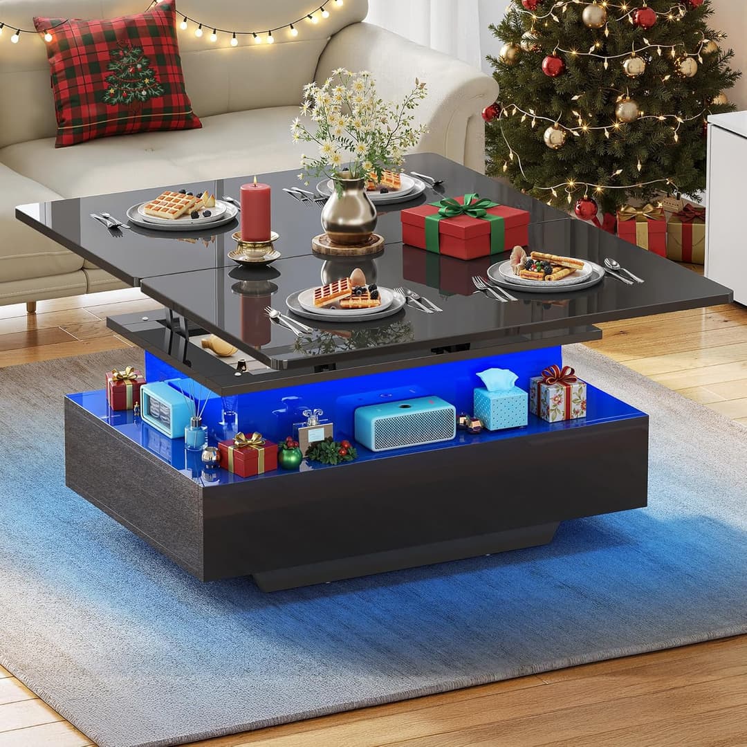 YITAHOME Coffee Table with Lift Top,60x60x45cm, High Glossy Lift up Coffee Table with LED Light String and 2 Drawers, Modern Wooden Square Tea Table for Living Room