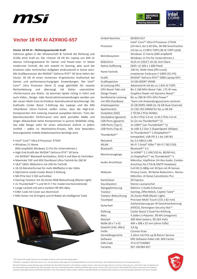 MSI Vector 18 HX AI Gaming Laptop, 18" QHD+ 240Hz Display, Intel Core Ultra 9 275HX, NVIDIA GeForce RTX 5090, 32GB RAM, 2TB SSD, Windows 11 Home, QWERTZ Keyboard, Cosmos Grey, A2XWJG-657 - 2