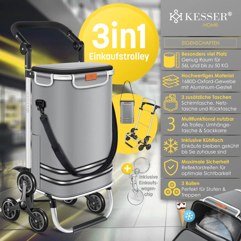 KESSER® Chariot à provisions avec compartiment réfrigérant, avec capacité de 56 L, charge jusqu'à 50 kg, chariot et sac à bandoulière 3 en 1, incl. Puce de courses, Pliable, Gris - 2