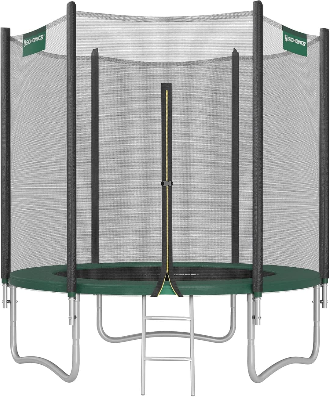 SONGMICS Trampolino esterno bambino diametro 183/244/305/366/427 cm, rete di protezione esterna, cuscini di sicurezza, scala, palo dritto alto 180 cm, telaio in acciaio