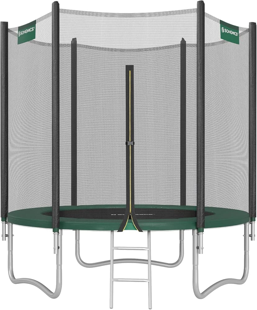 SONGMICS Children's Outdoor Trampoline Diameter 183 cm, External Protective Net, Safety Cushions, Ladder, 180 cm High Straight Pole, Steel Frame, Black and Green STR061C01 - 1