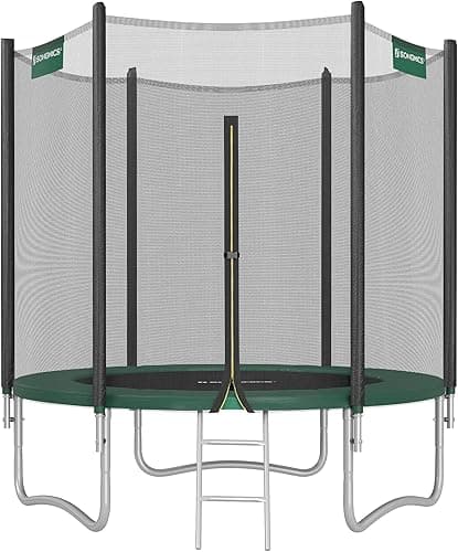 SONGMICS Children's Outdoor Trampoline Diameter 183 cm, External Protective Net, Safety Cushions, Ladder, 180 cm High Straight Pole, Steel Frame, Black and Green STR061C01