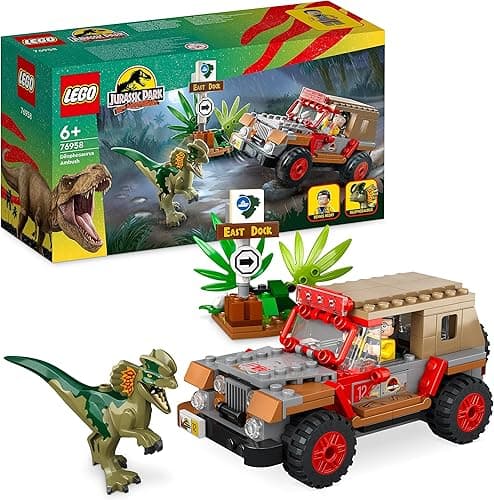 LEGO 76958 Jurassic Park L'Embuscade du Dilophosaure, Jouet Dinosaure et Voiture Jeep pour Garçons, Filles, Enfants Dès 6 Ans, avec Figurine Dino, Jeu Collection 30ème Anniversaire