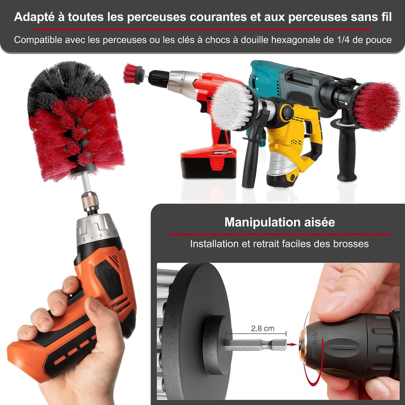 Brosse Nettoyage perceuse sans Fil [Poils Souples et durs]. Nettoie Vite Voiture, Tissus, Jantes, Salle de Bain - Kit Brosse Nettoyage Voiture - Drill Brush - 4