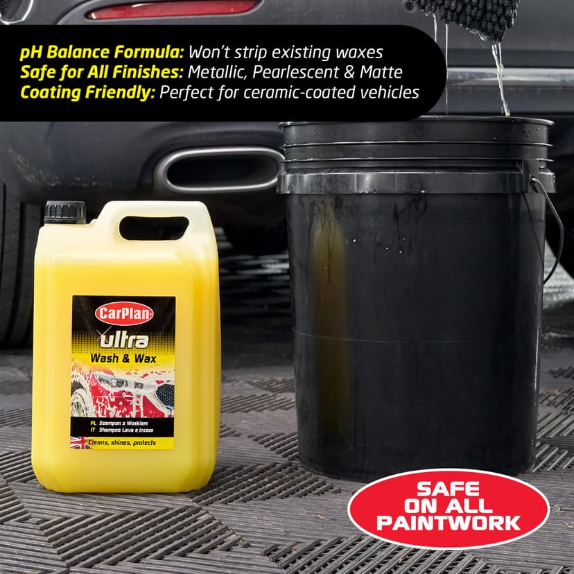 CarPlan POL102 Car Wash Shampoo and Wax Protective Layer 5L Ph Neutral 5 Litre Detailing Cleaner Care Vehicle Cleaning Soap - Remove Dirt Road Grime Streak Free Showroom Shine Finish - 5