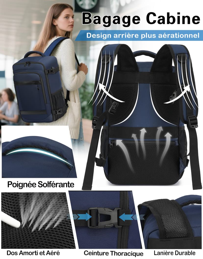 KLOSTAIN Sac à Dos Voyage Cabine Avion 45x36x20 pour Easyjet 30L Bagage Cabine Grande Bagage à Main sous Le Siège Sac à Dos Homme pour Ordinateur Portable 14 Noir - 5