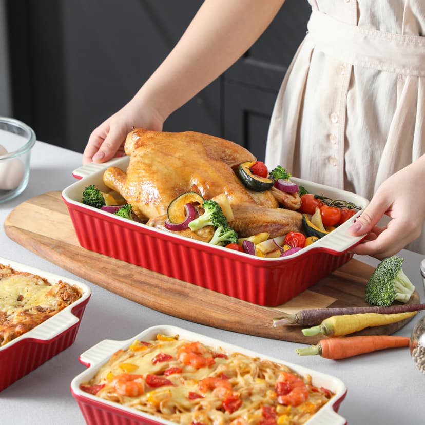 MALACASA Série BAKE, Lot de 4 Plats à Gratin en Céramique avec Poignées, Plats Rectangulaires en Porcelaine Rouge, 3020ml, 2080ml, 1480ml, 850ml, Passe au Lave-vaisselle, Idéaux pour Cuisson et Gratin - 6
