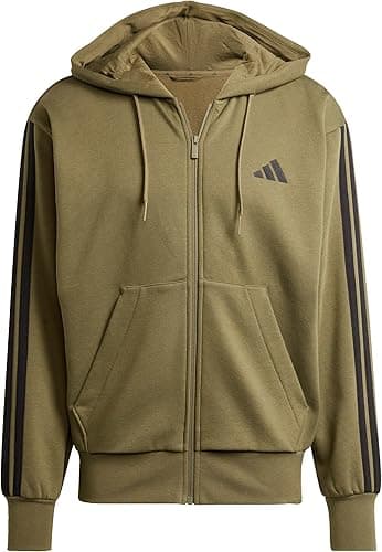 adidas Men's ESSENTIAL THREE STRIPES FLEECE ZIPPER HOODIE, olive strata/black, L