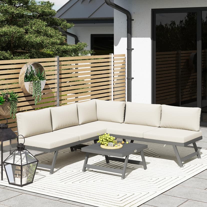 Outsunny Salon de Jardin extérieur d'angle et Convertible 4 pièces avec 2 banquettes, 1 Fauteuil d'angle et 1 Table Basse, Aluminium et Acier mobilier de Jardin pour Balcon terrasse, Beige - 9