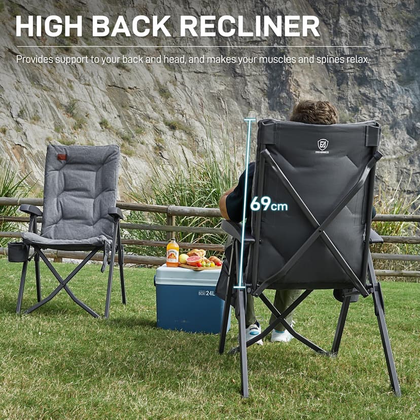 EVER ADVANCED Luxury Camping Chairs for Adults Heavy Duty Loadable 150kg High Back Oversized Folding Garden Chair Padded 6cm Comfy with Cup Holder Side Pocket Dining Chairs 4-Position Recliner - 6