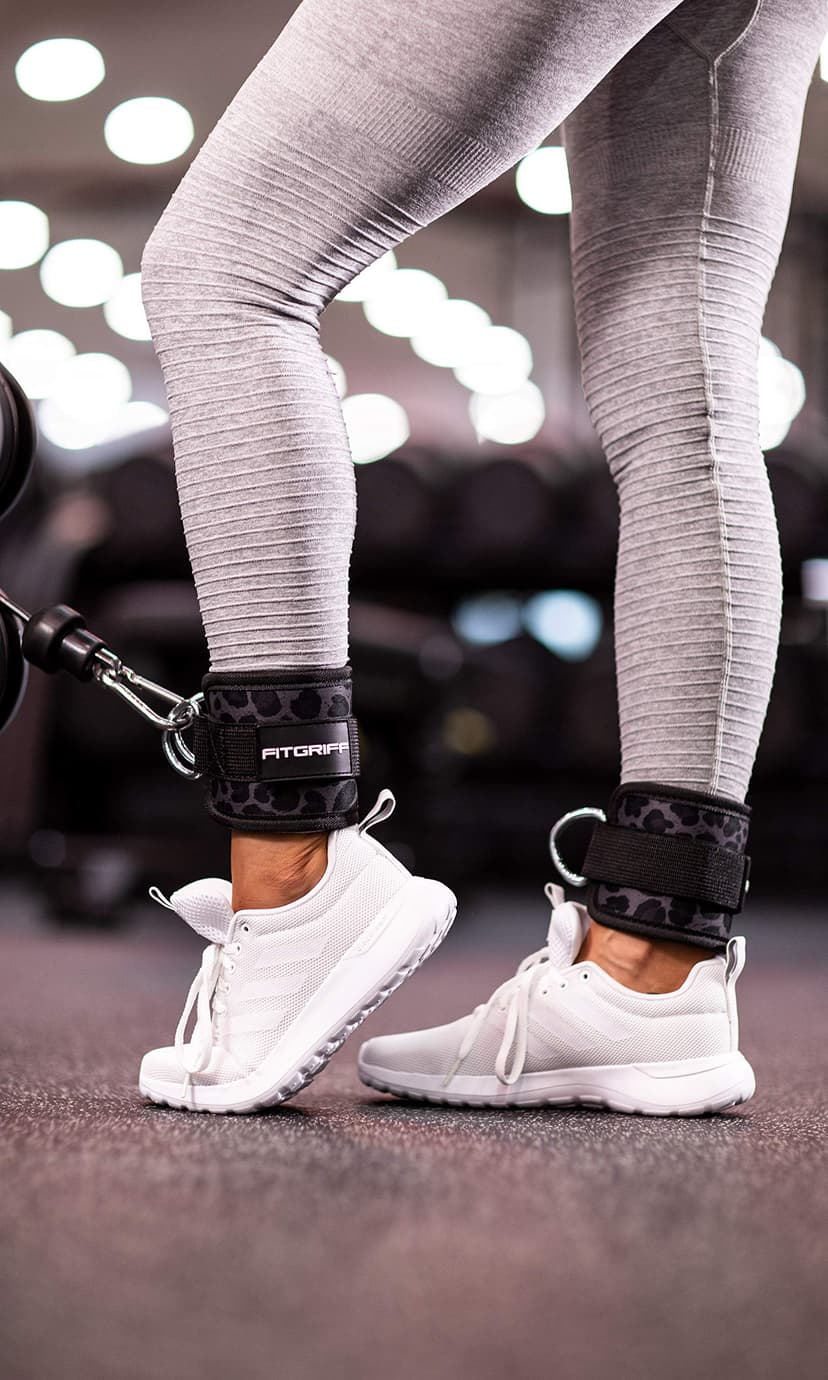 FITGRIFF® Foot Straps V1 (Padded) - for Fitness Training on Cable Pull - (Pack of 2) Ankle Straps for Women and Men (Leopard) - 2