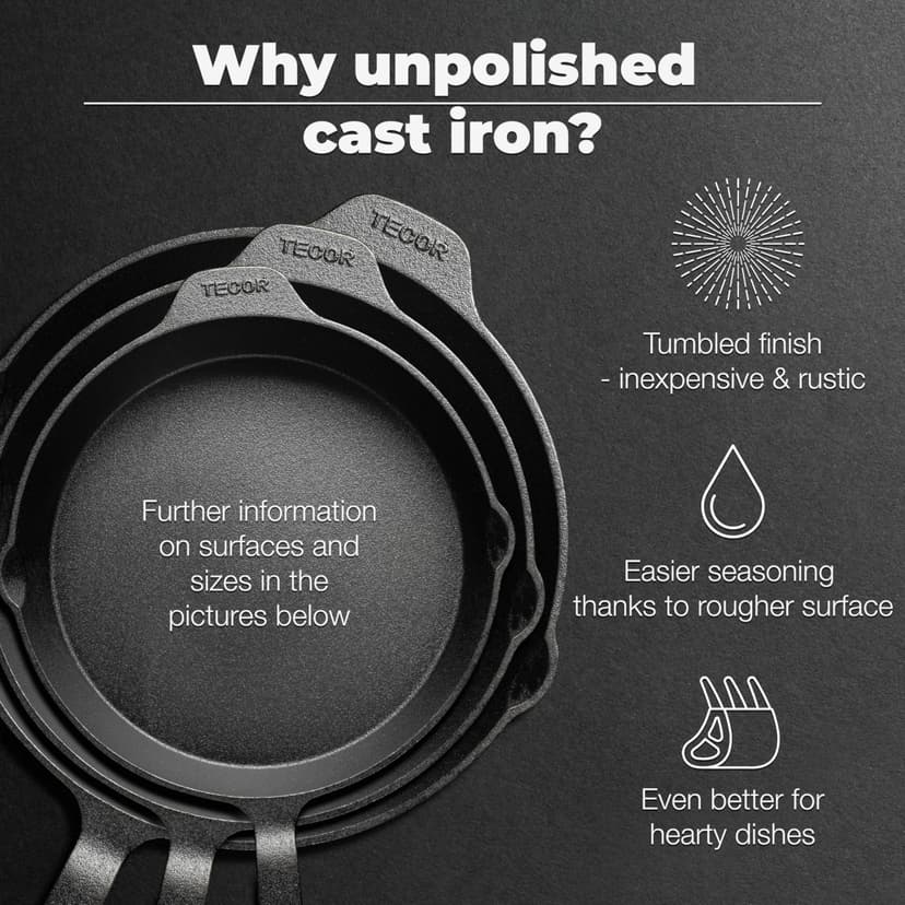 TECOR Cast Iron Pan Set 28cm Unpolished, Universal, Natural - Durable Cast Iron Skillet - Non-Stick Cast Iron Frying Pan Top Quality - Cast Iron Frying Pan - Skillet Pan - Cast Iron Cookware Set - 6