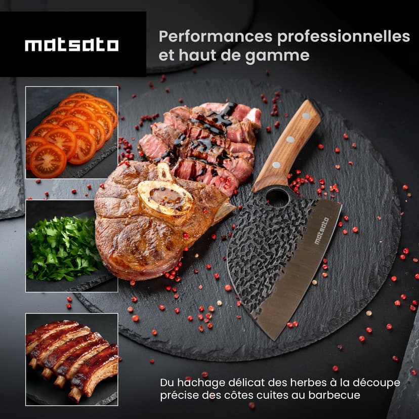 Matsato Couperet de Cuisine Professionnel – Couteau Hachoir en Acier Inoxydable avec Poignée en Bois Carbonisé, Lame de Précision pour Découpe Viande, Volaille, Légumes et Os - 2