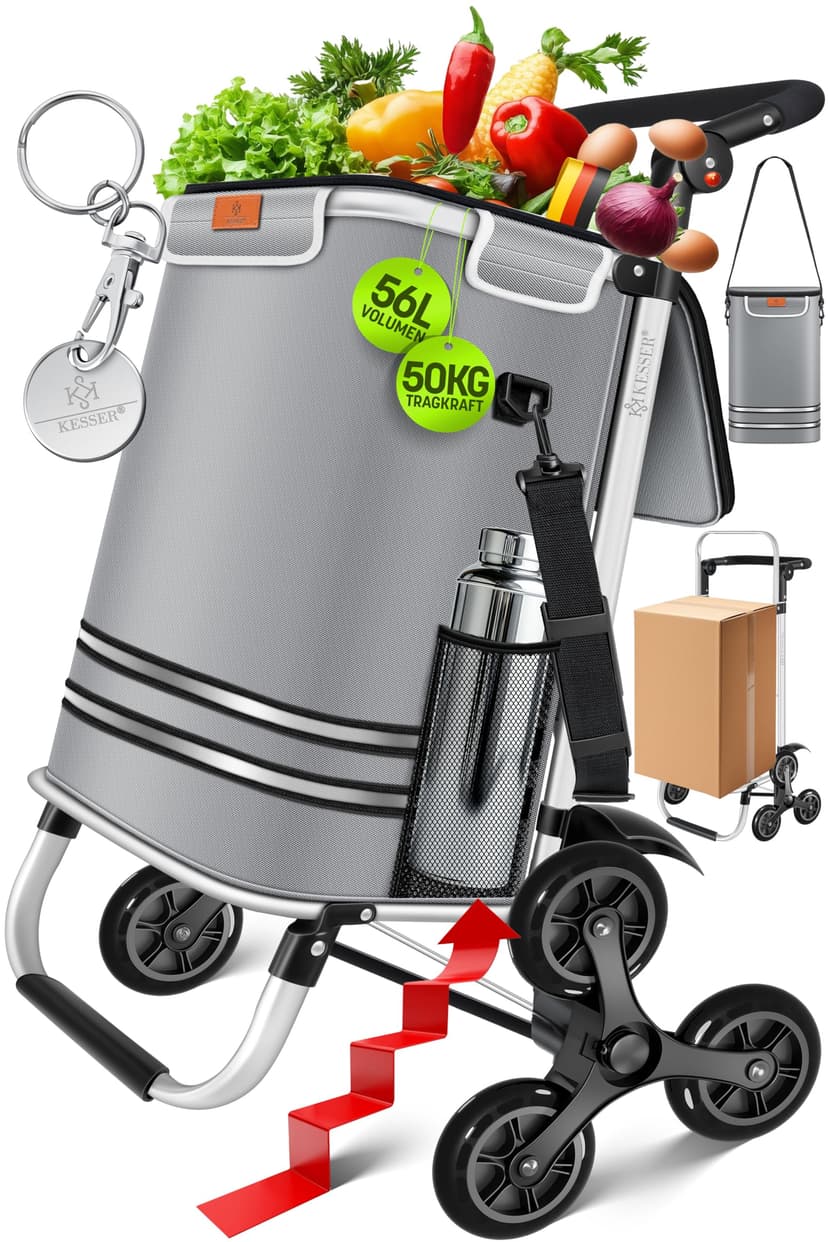 KESSER® Chariot à provisions avec compartiment réfrigérant, avec capacité de 56 L, charge jusqu'à 50 kg, chariot et sac à bandoulière 3 en 1, incl. Puce de courses, Pliable, Gris - 1