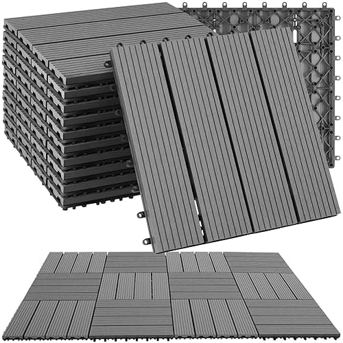 tectake® 22-Piece Decking Tile Set in Wooden Look, 31 x 31 cm per Tile, 2.1142m² Total Area, Easy Interlocking Click System, Non-Slip & Weather-Resistant WPC - Garden & Patio Decking Tiles - Grey