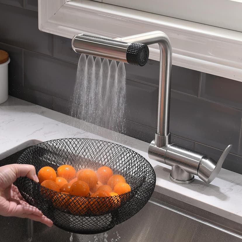 Front Window Kitchen Tap,4 Spray Modes,304 Stainless Steel,360° Rotatable Kitchen Foldable Mixer Tap,Folding Single Lever Sink Faucet(Brushed) - 1