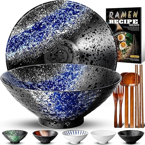 8-Inch Ceramic Ramen Bowl Set of 2 (9 Piece) - Porcelain Japanese Salad Noodles Cereal Fruit Pasta Soup Large Bowls with Recipes Chopsticks Forks Spoons for Men Women Gift Microwave & Dishwasher Safe
