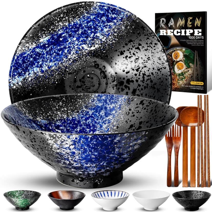 8-Inch Ceramic Ramen Bowl Set of 2 (9 Piece) - Porcelain Japanese Salad Noodles Cereal Fruit Pasta Soup Large Bowls with Recipes Chopsticks Forks Spoons for Men Women Gift Microwave & Dishwasher Safe - 1