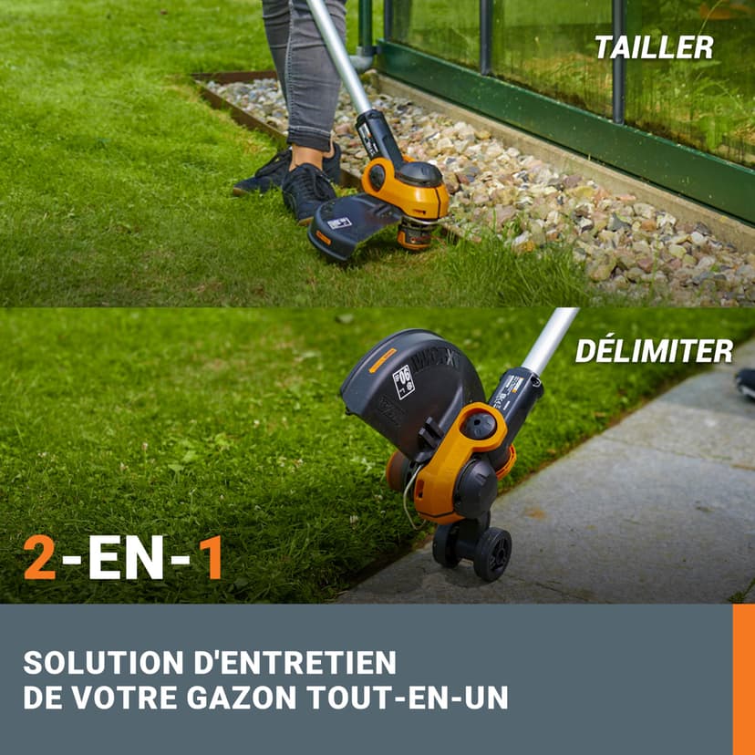 WORX Coupe-Bordures 2 en 1 sans Fil 20V WG163E.1, diamètre de 30 cm, se transforme en dresse-bordures, poignée Amovible, capot de protection, tête amovible 90°, livré avec une batterie 2Ah et chargeur - 4