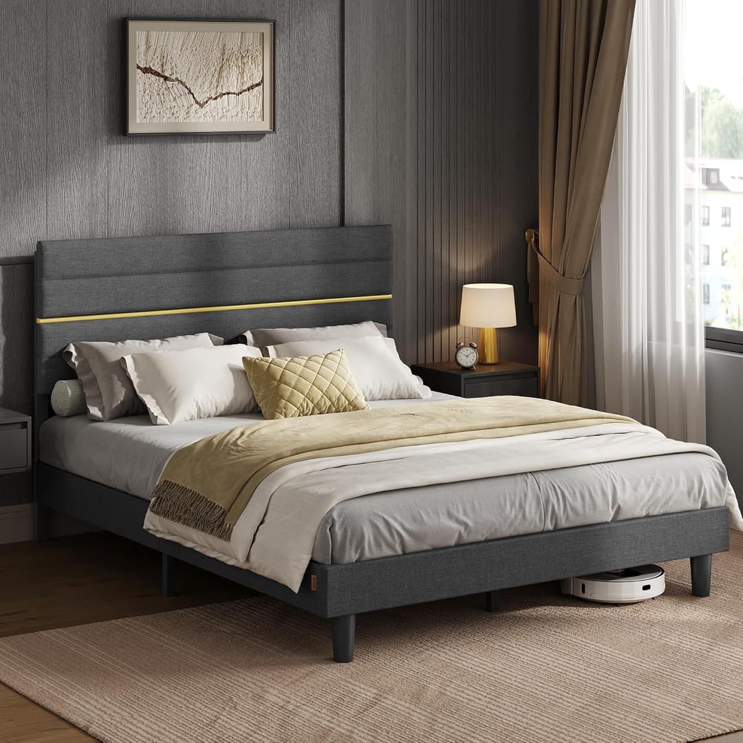VASAGLE Small Double Bed Frame, for 120 x 190 cm Mattress, Adjustable Upholstered Headboard, Metal Frame, Wooden Slats, Modern, Slate Grey RMB500GN01