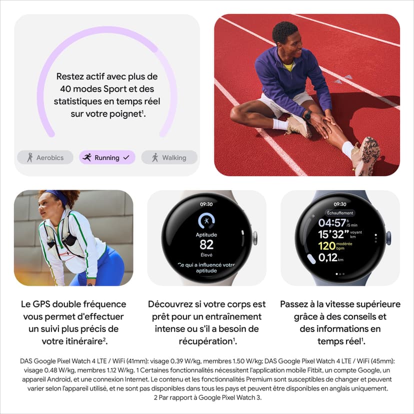 Google Pixel Watch 4 (45 mm) – Montre connectée Android, Suivi des données de santé et de Remise en Forme, et Aide de Gemini – Boîtier en Aluminium Noir Mat – Bracelet Sport Noir Volcanique – Wi-FI - 7