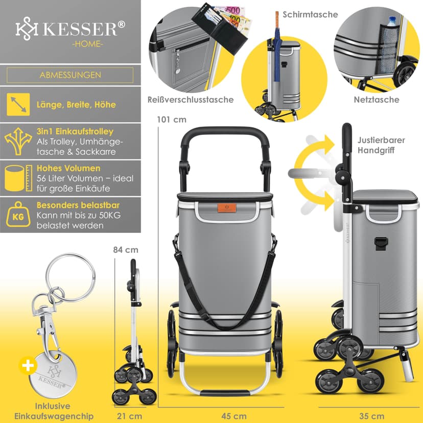 KESSER® Chariot à provisions avec compartiment réfrigérant, avec capacité de 56 L, charge jusqu'à 50 kg, chariot et sac à bandoulière 3 en 1, incl. Puce de courses, Pliable, Gris - 7