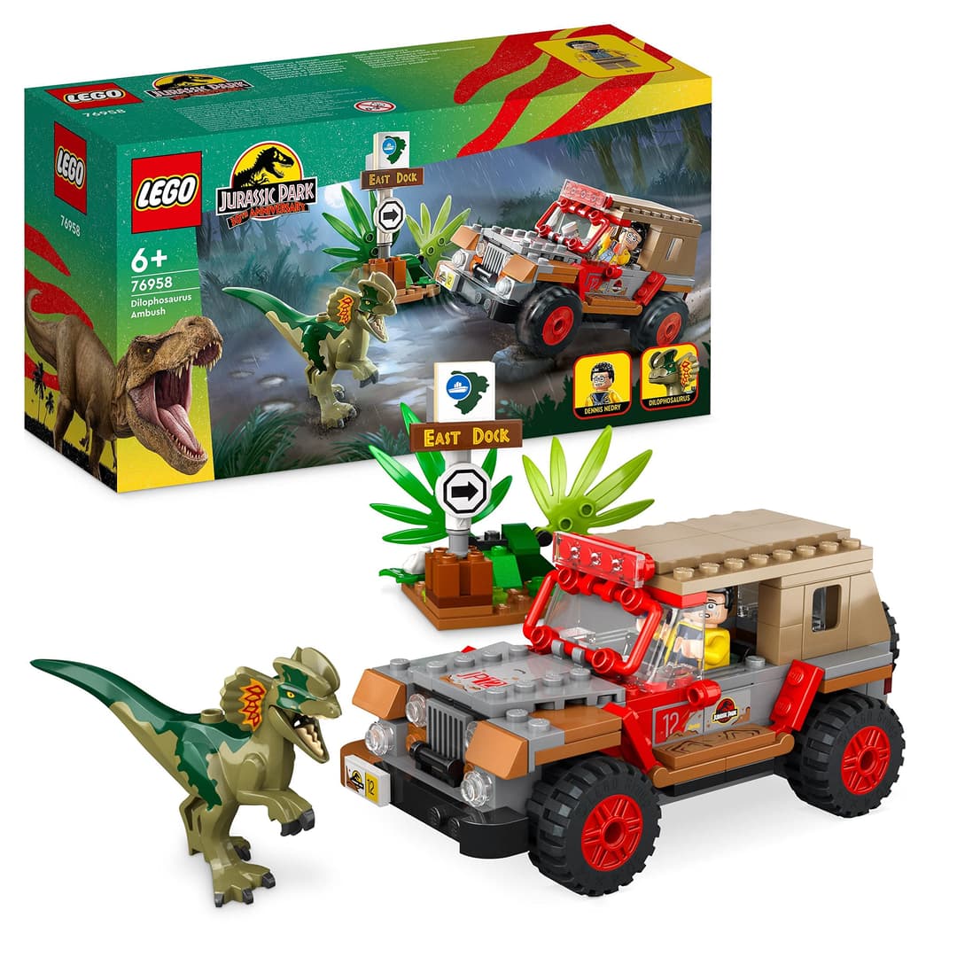 LEGO 76958 Jurassic Park L'Embuscade du Dilophosaure, Jouet Dinosaure et Voiture Jeep pour Garçons, Filles, Enfants Dès 6 Ans, avec Figurine Dino, Jeu Collection 30ème Anniversaire