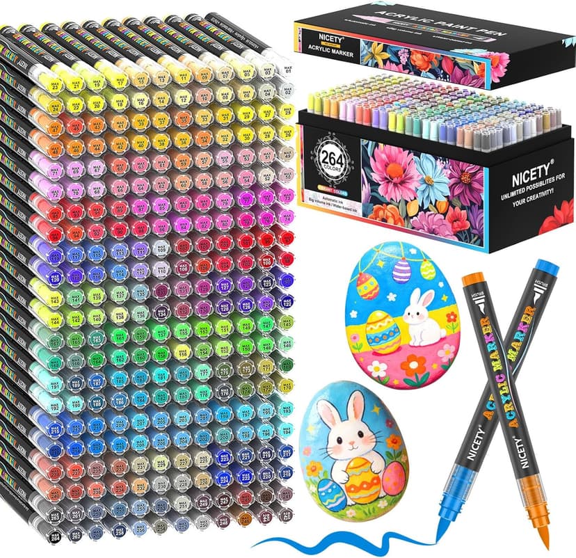 NICETY 264 Colours Acrylic Paint Pens - Brush Paint Markers for Rock Painting Stone Wood - Brush Tip Water Based Acrylic Markers - 1