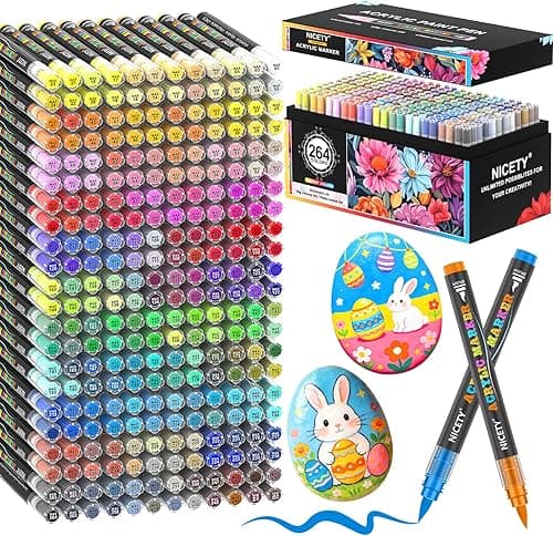 NICETY 264 Colours Acrylic Paint Pens - Brush Paint Markers for Rock Painting Stone Wood - Brush Tip Water Based Acrylic Markers