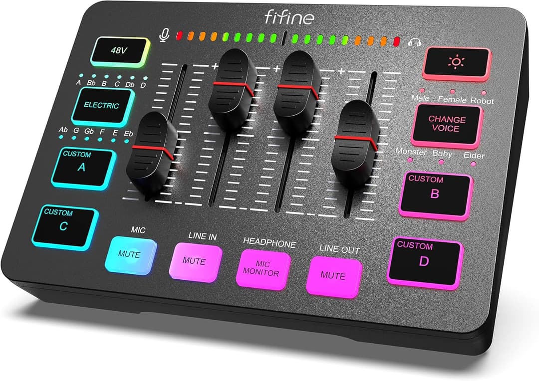 FIFINE Gaming Audio Mixer, Streaming RGB PC Mixer with XLR Microphone Interface, Individual Control, Volume Control, Mute Button, 48V Phantom Power, for Podcast Recording