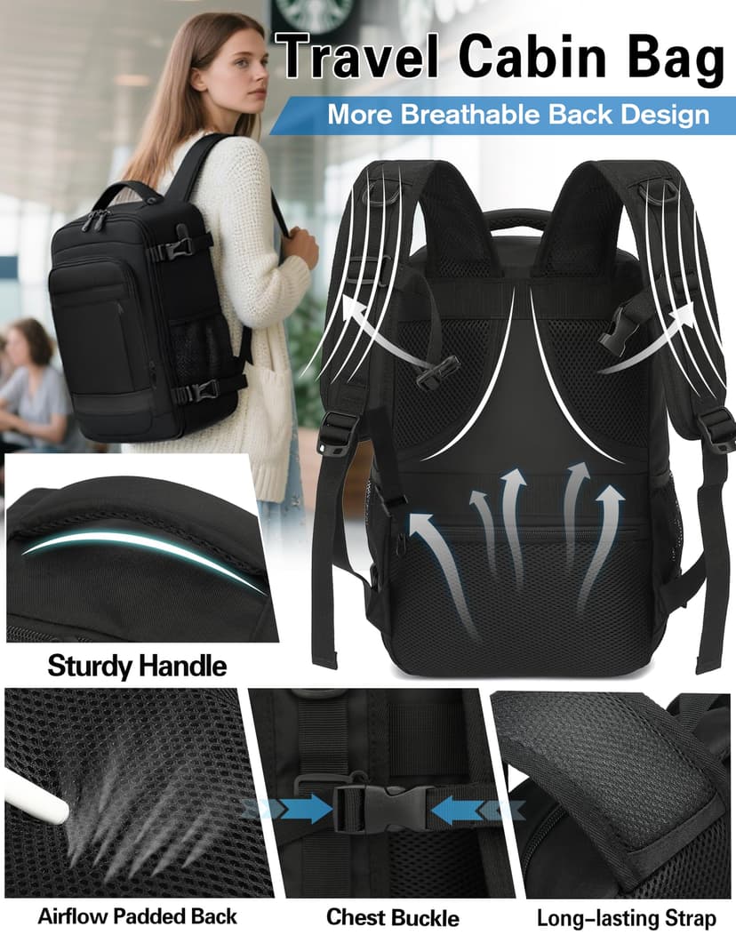 KLOSTAIN for Easyjet Cabin Bag 45x36x20 Travel Backpack Hand Luggage Carry-ons Bag Laptop Backpack Ruscksack for Airplanes Flight New Easyjet Underseat Cabin Bags Fit 14" Laptop Black - 5