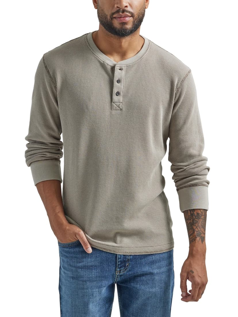 Wrangler Authentics Men's Long Sleeve Waffle Henley Shirt, Pumice Stone, XL - 1
