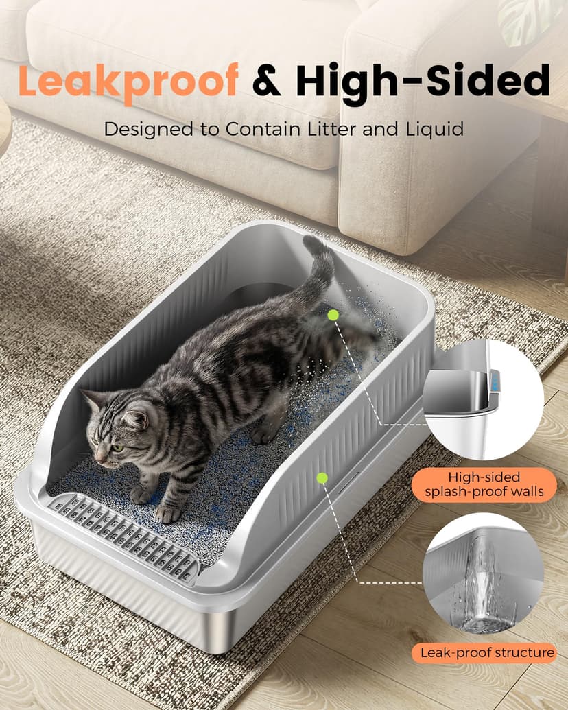 Stainless Steel Cat Litter Tray with High Sides, XXL Metal Cat Litter Box with Scoop, Hooded Toilet for Cat Rabbit, Pet Tray for Large and Small Cats, Leak-Proof, Odour-Free, Easy to Clean, Light Grey - 2
