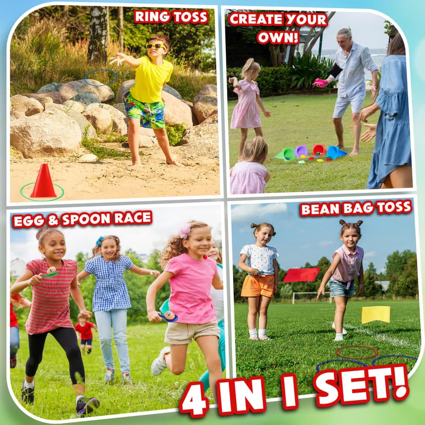 KreativeKraft Kids Games Outdoor Play Equipment for Kids Adults Family Garden Toys Sports Day Kit Egg and Spoon Race Ring Toss Sack Race Bean Bag Snakes and Ladders (8 in 1 Set) - 2