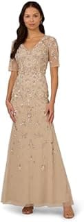 Adrianna Papell Women's Beaded Mesh Long Dress, Biscotti, 8 - 1
