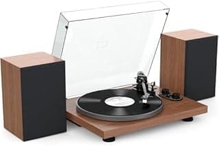 Udreamer Platine Vinyle Système Hi-FI avec Enceintes d'étagère 40 W, lecteurs de Vinyle Bluetooth avec Plateau en Aluminium, entraînement par Courroie 2 Vitesses contrepoids réglable AT-3600L Marron