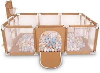 Selonis Parc Bébé Avec 100 Balles Plastiques Aire De Jeu Pliable Basket Football, Beige : Beige Pastel/Bleu Pastel/Blanc