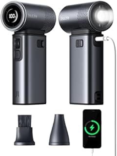 JISULIFE Ventilateur portable à main 5 en 1, 100 vitesses, 9000 mAh max 25 heures, mini ventilateur rechargeable avec batterie externe 18 W et lampe de poche, ultra moteur, coque en métal, cadeaux de