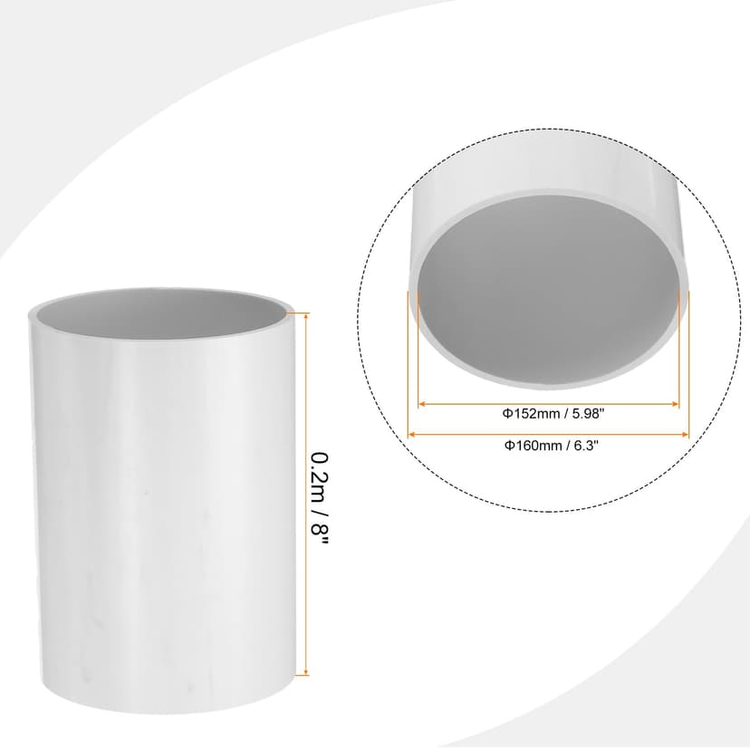sourcing map 6.3 Inch PVC Rigid Tube Round Pipe Tubing Hardware Tubing 152mm ID 160mm OD 20cm/8" Length White High Impact for Water Pipe, Crafts - 2