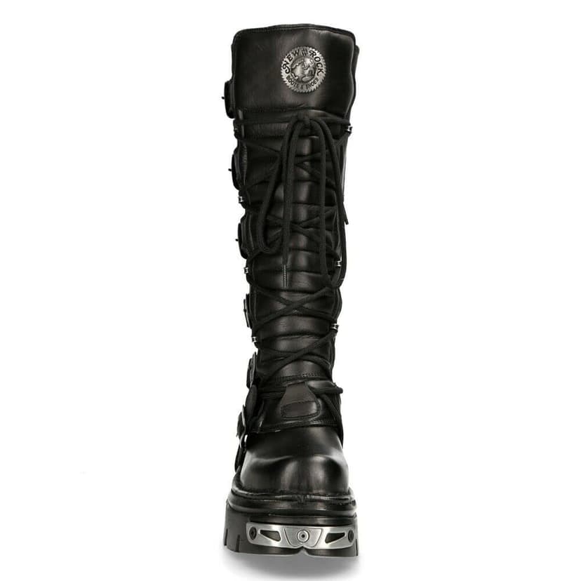 New Rock 272-S1 Bottes Hautes Gothiques Emo en Cuir Noir Métallisé Avec Lacet et Fermeture à Boucle 6.5 - 5