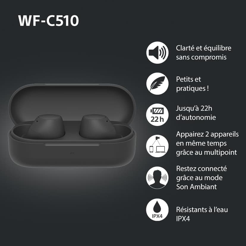 Sony WF-C510 Truly Wireless - Ecouteurs Intra-Auriculaires Bluetooth, Petits, Légers, Connexion Multipoint, Son Ambiant, IPX4, Spotify Tap, Charge Rapide, Batterie jusqu'à 22h, iOS et Android – Noir - 3