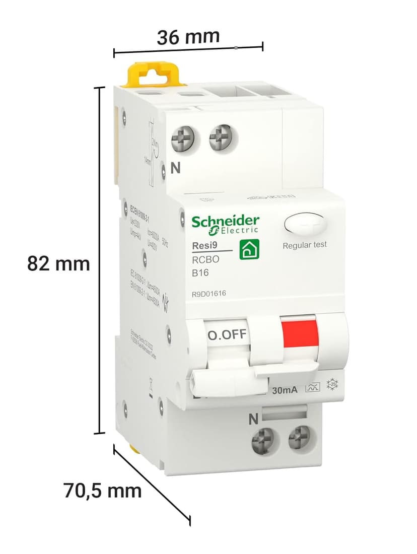 Schneider Electric FI LS RESI9 1P + N 16A B 30MA Type A 6KA, R9D01616 - 6