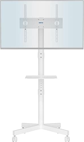 BONTEC Mobile TV Stand on Wheels, Free Standing TV Stand for 23-60 Inch LED LCD Plasma TVs, Rolling Floor TV Cart with Height Adjustable Laptop Shelf, Max VESA 400x400mm, Holds up to 25kg, white
