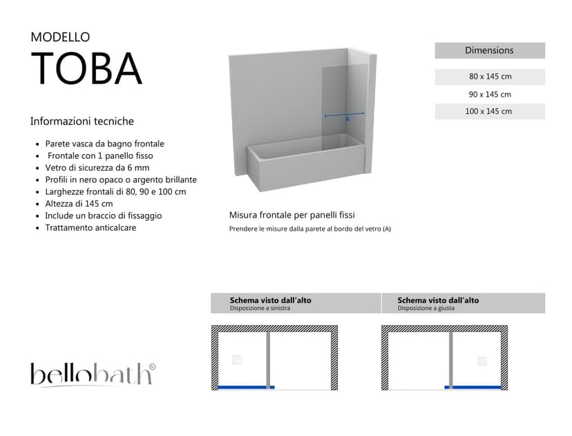 Front Bath Screen Fixed Panel – Transparent – Tempered Glass 6 mm Anti-Limescale – Silver Profile – Width 100 cm – Height 145 cm - 4