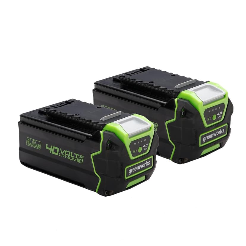 Greenworks 40V Battery Set of 2. Powerful 4Ah Lithium-Ion Batteries for All Greenworks 40V Garden and Power Tools. 3-Stage LED Charge Level. 2 Year Warranty. G40BK4X - 1